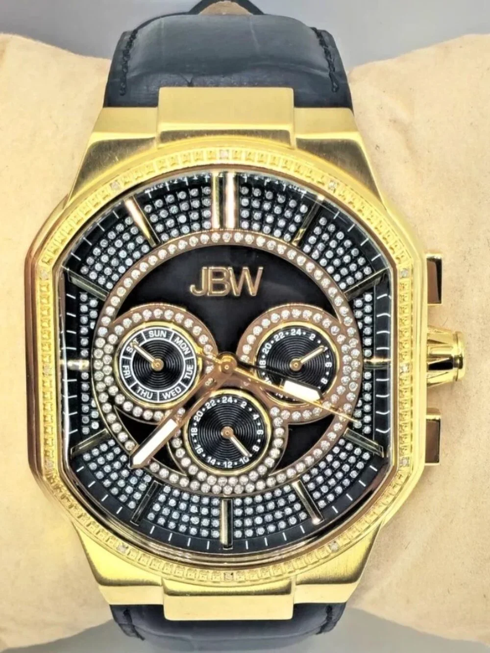JBW J6342E Mens Gold Tone Chronograph Diamond Bezel Black Leather Watch 44mm